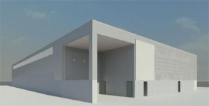 A 3D photo of a building with an inset corner
